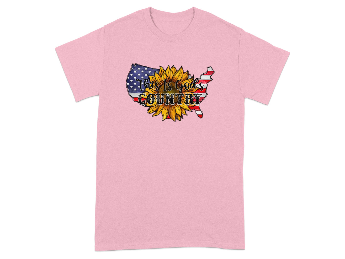 Pink t-shirt with USA map, sunflower, and text "This Is God's Country".