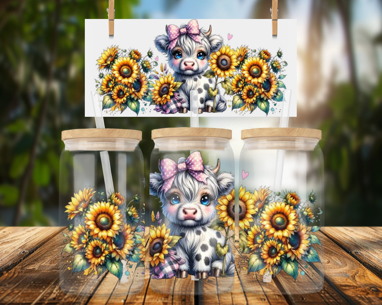 Cute Cow with Sunflowers 16oz UVDTF Glass Can Wrap