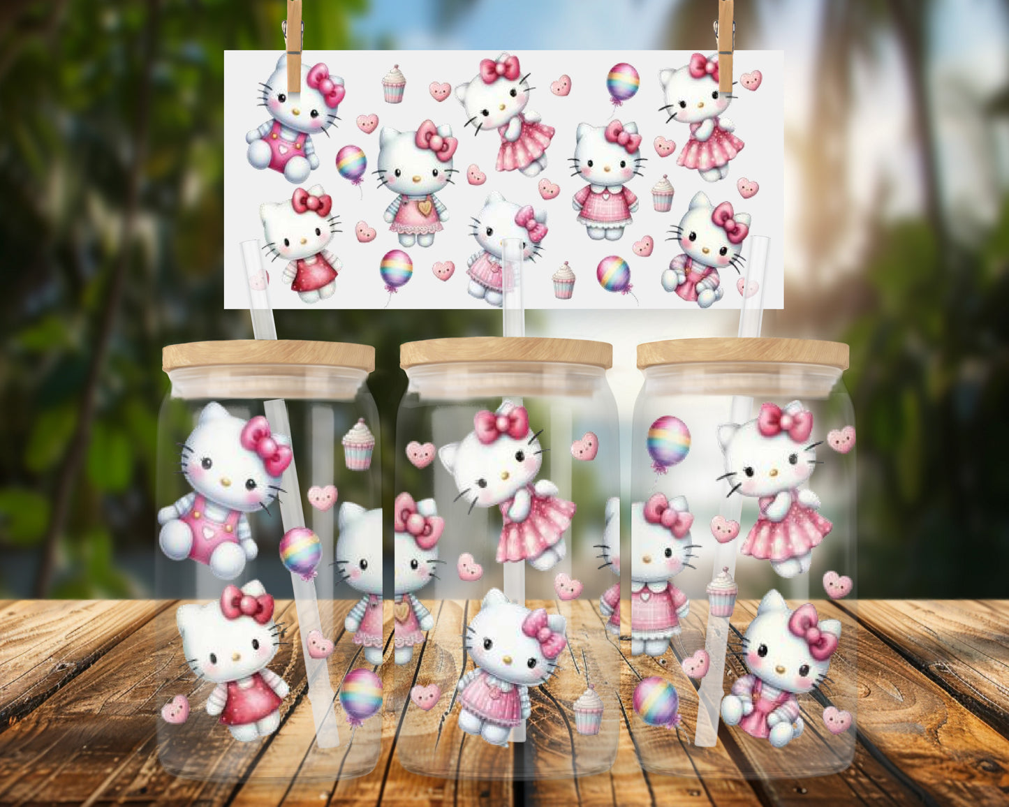 Cute Illustrated Cats Rainbow Balloons Cupcakes 16oz UVDTF Glass Can Wrap