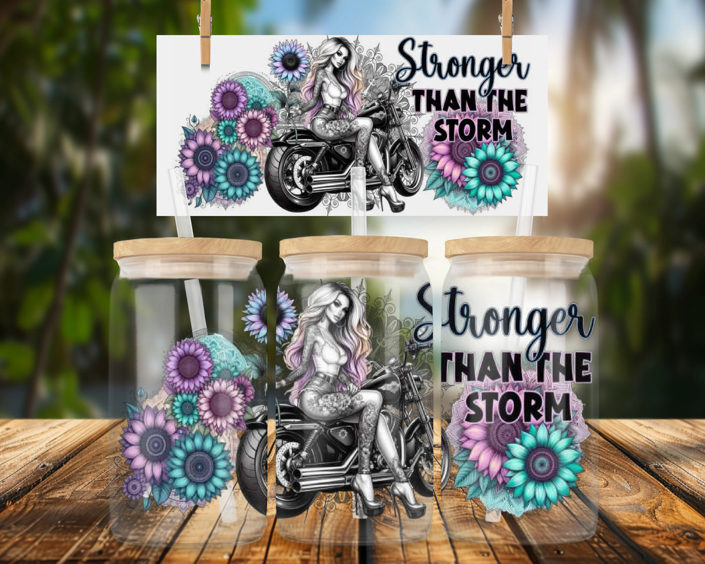 Stronger Than The Storm Motorcycle Art 16oz UVDTF Glass Can Wrap