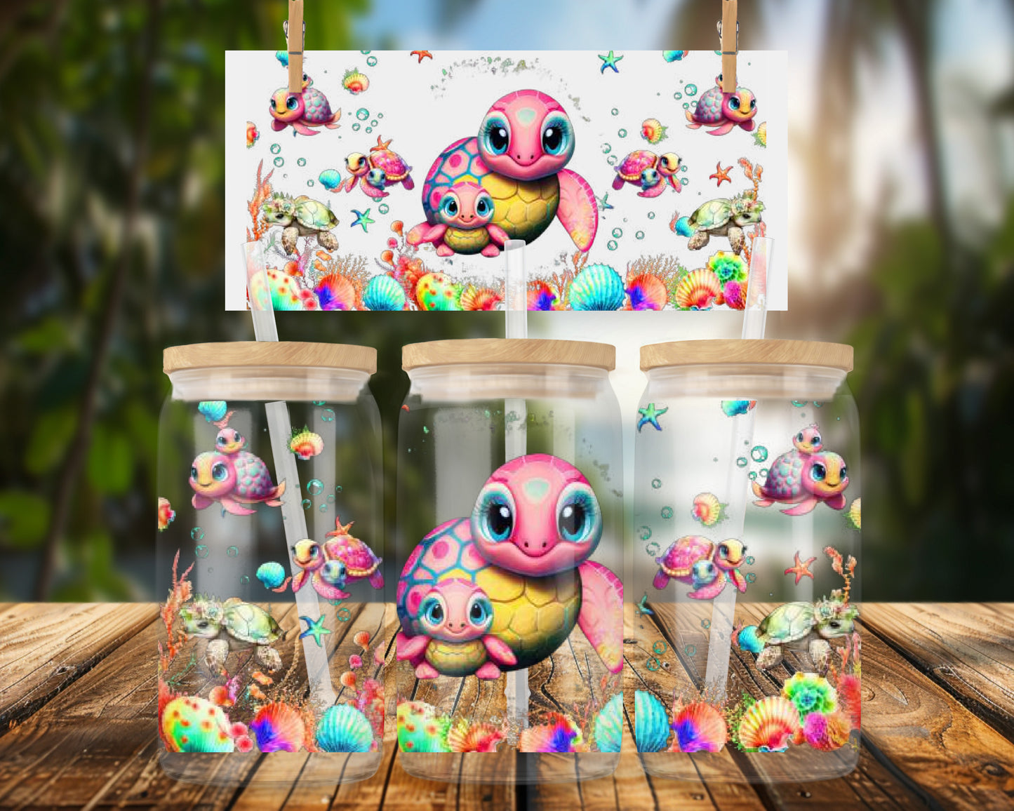 Cute Colorful Sea Turtle Family Design 16oz UVDTF Glass Can Wrap