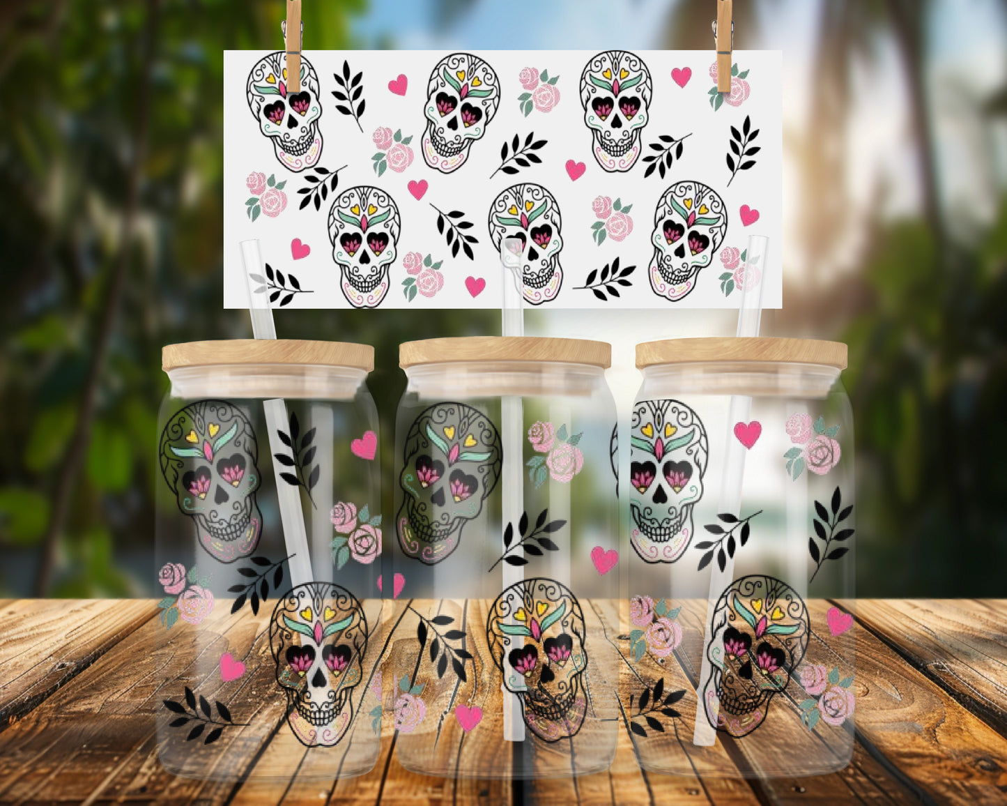 Colorful Skulls and Hearts Design 16oz UVDTF Glass Can Wrap