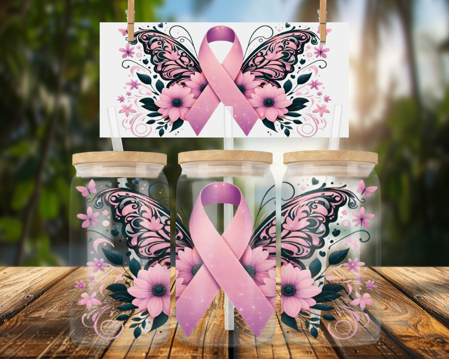 Breast Cancer Awareness Butterfly 16oz UVDTF Glass Can Wrap