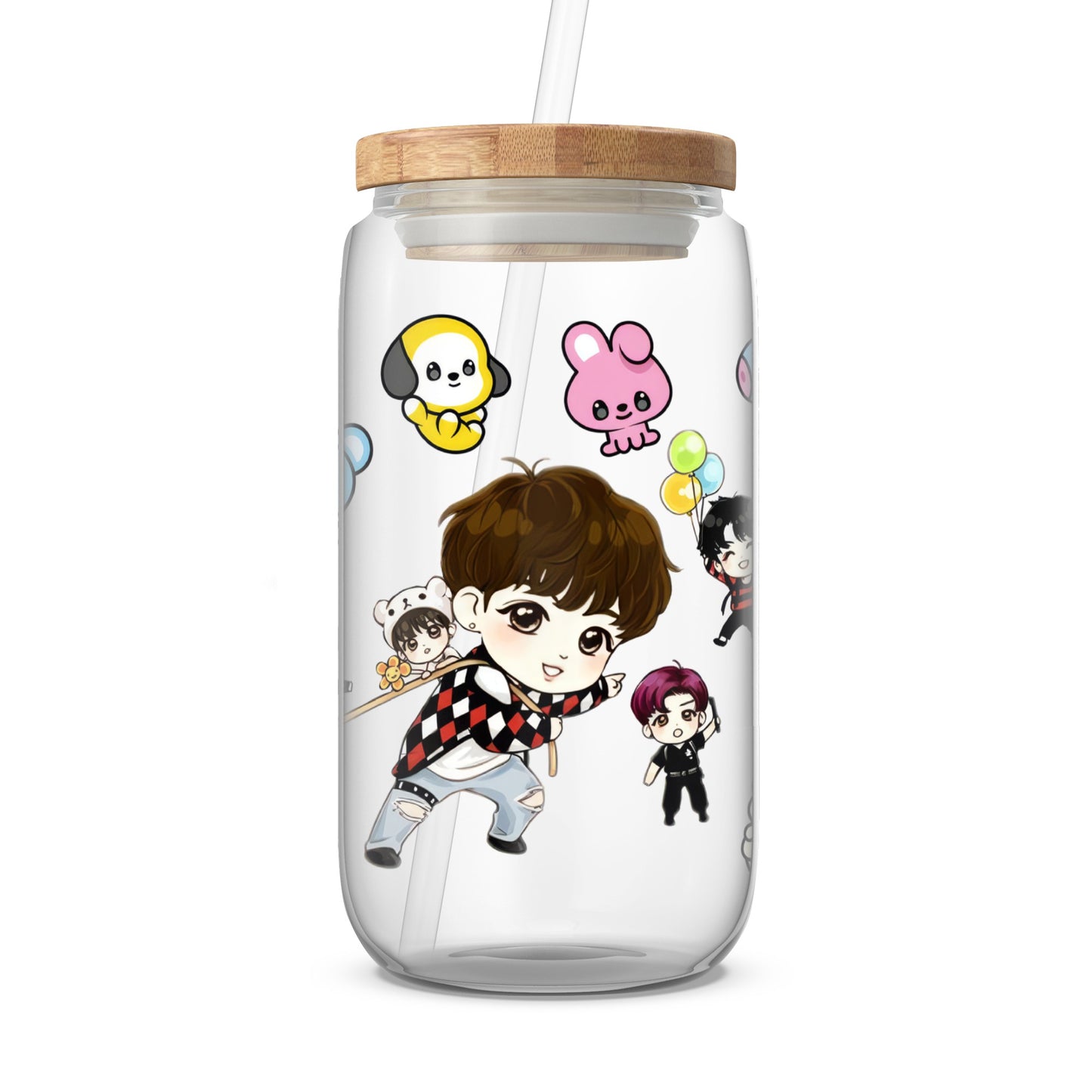 Chibi characters from BTS on a glass tumbler with a bamboo lid and straw.