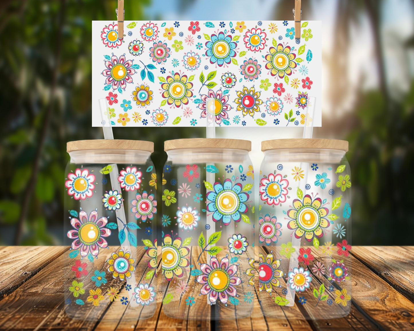 Colorful Floral Pattern 16oz UVDTF Glass Can Wrap