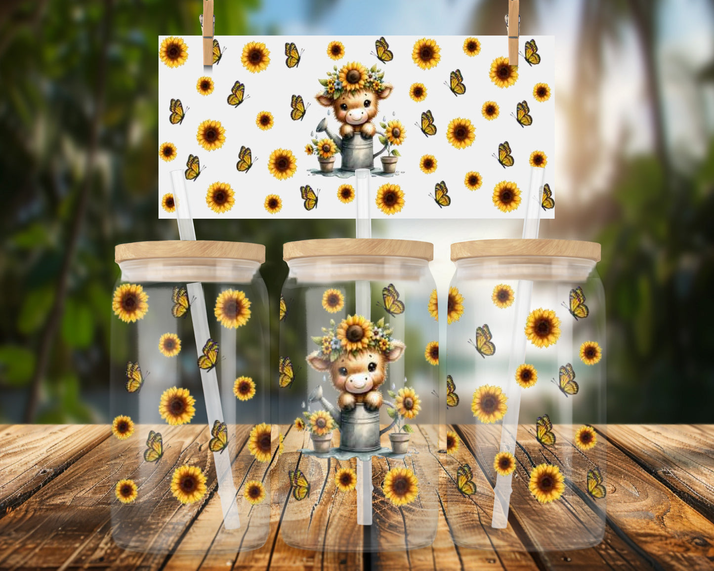 Cute Cow Sunflower Butterfly 16oz UVDTF Glass Can Wrap