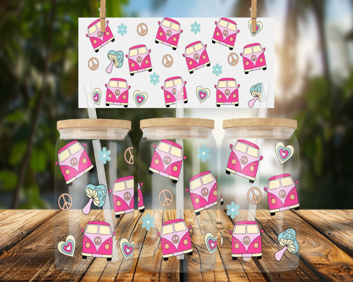 Retro Pink Van Peace Pattern 16oz UVDTF Glass Can Wrap