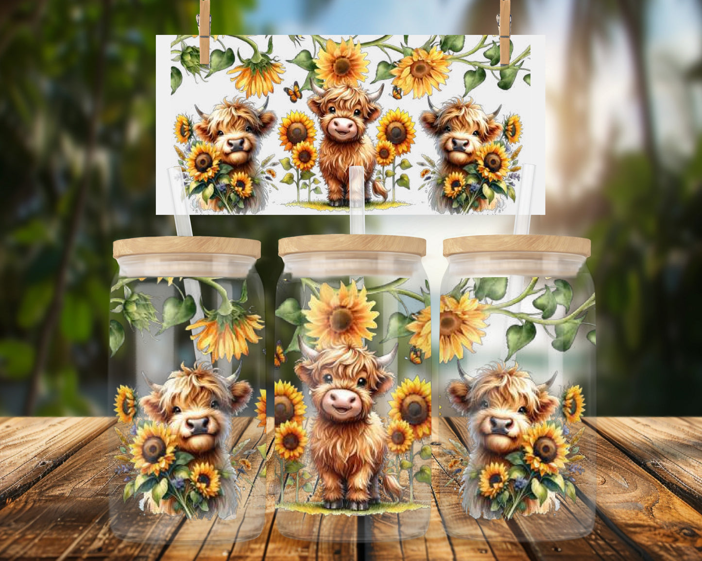 Highland Cows and Sunflowers 16oz UVDTF Glass Can Wrap