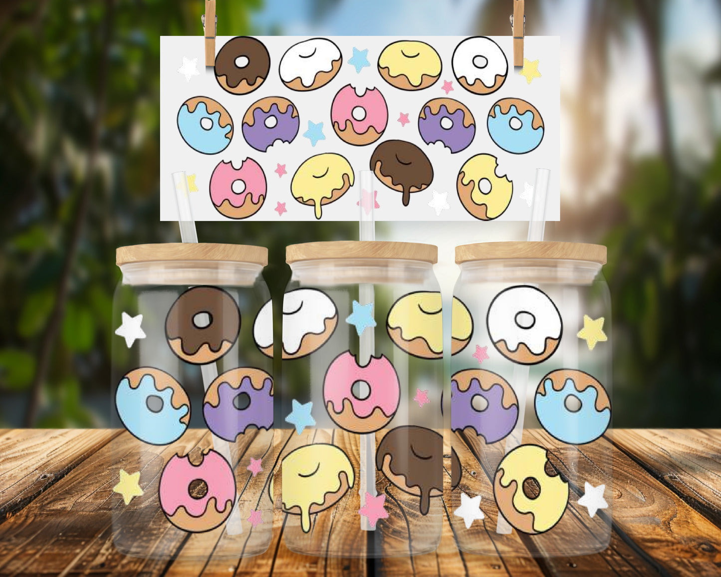Charming Donut Stars Pattern for 16oz UVDTF Glass Can Wrap