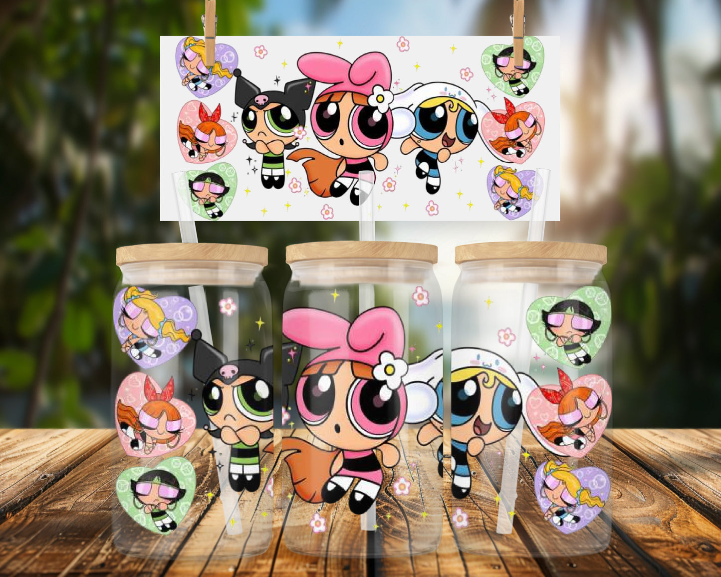 Cute Classic Cartoon Girls Heart Design 16oz UVDTF Glass Can Wrap