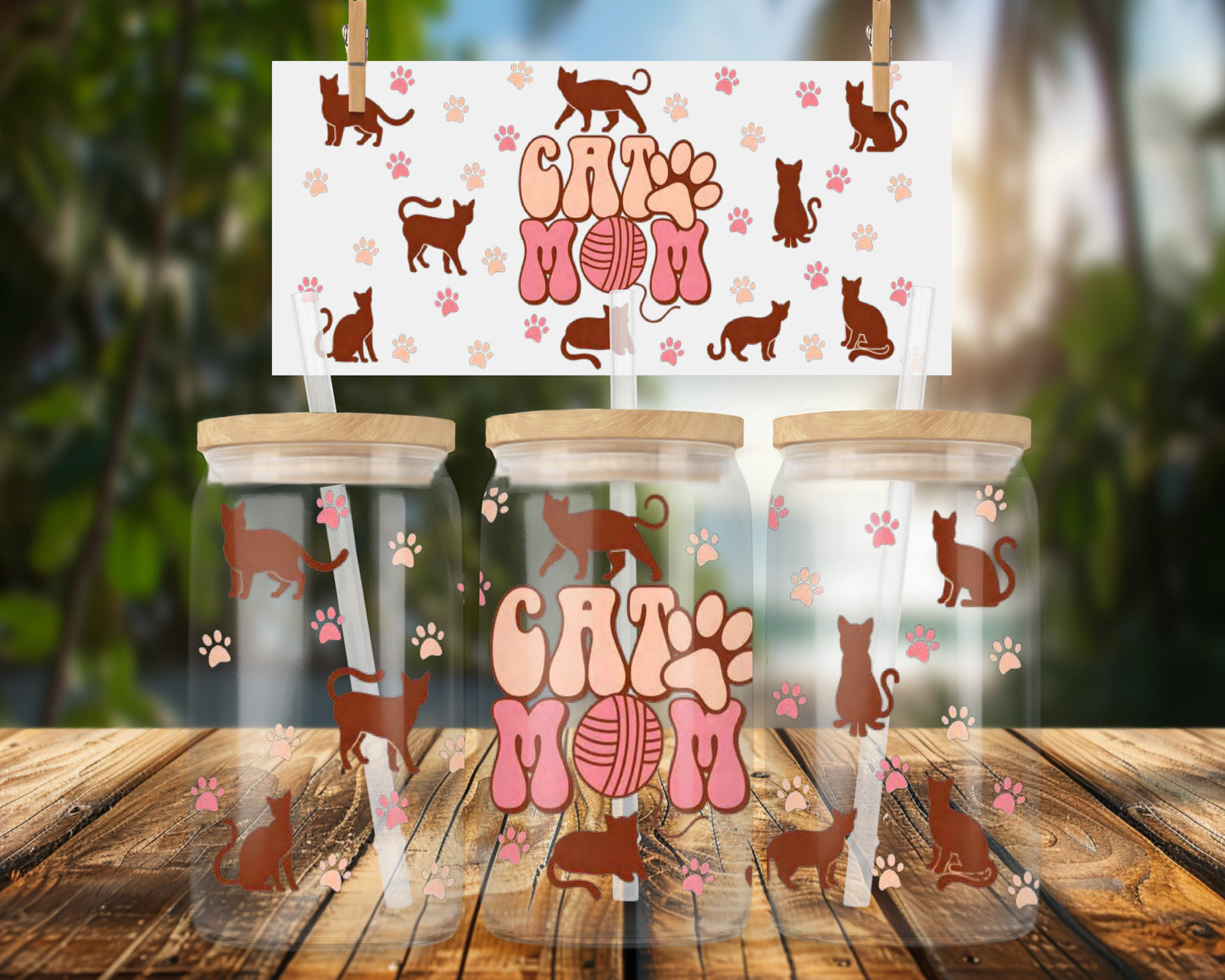 Cat Mom Design with Cute Paw Prints 16oz UVDTF Glass Can Wrap