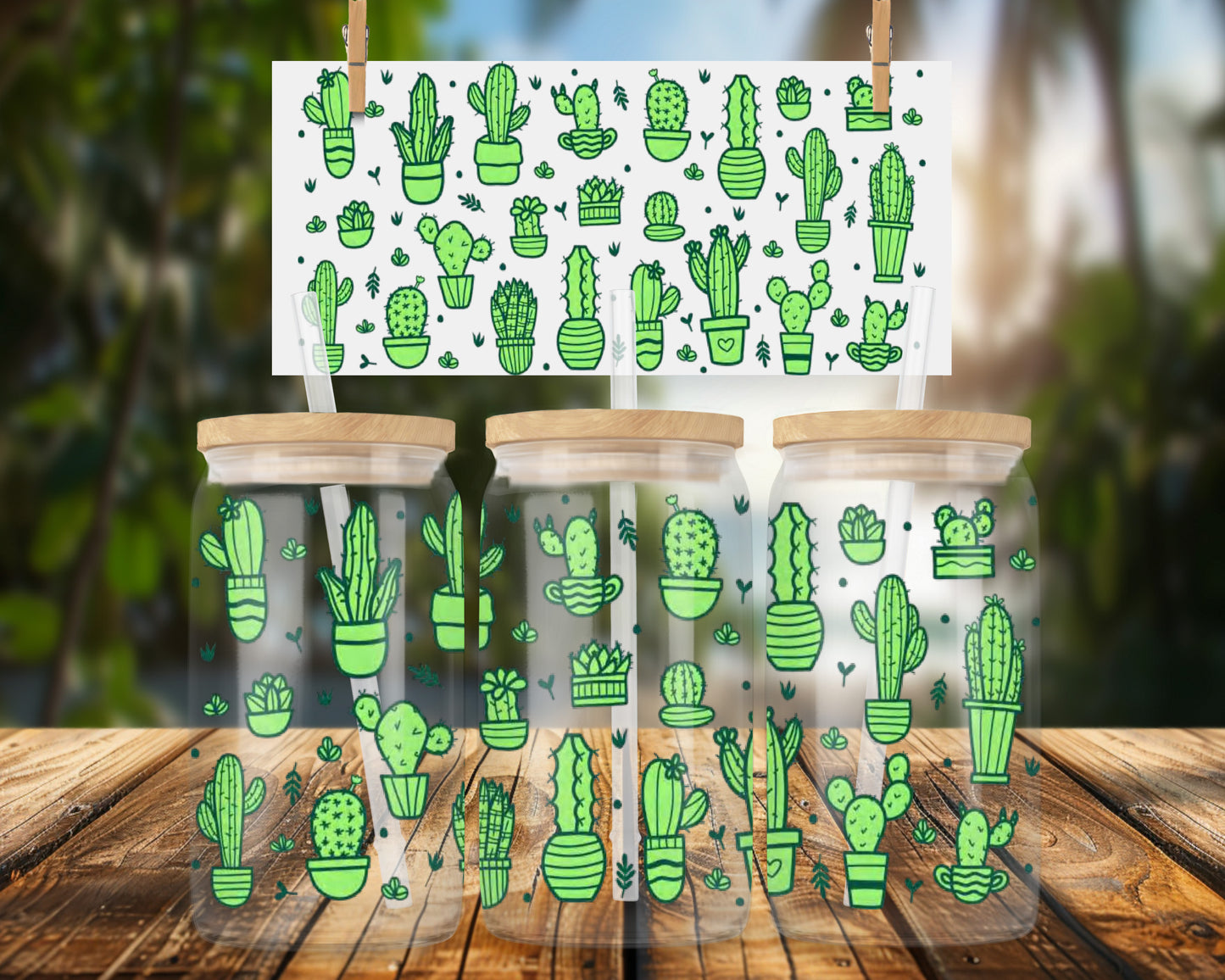 Cheerful Cactus Green Pattern 16oz UVDTF Glass Can Wrap
