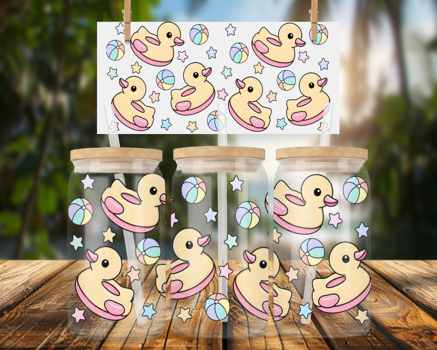 Colorful Ducks and Stars 16oz UVDTF Glass Can Wrap