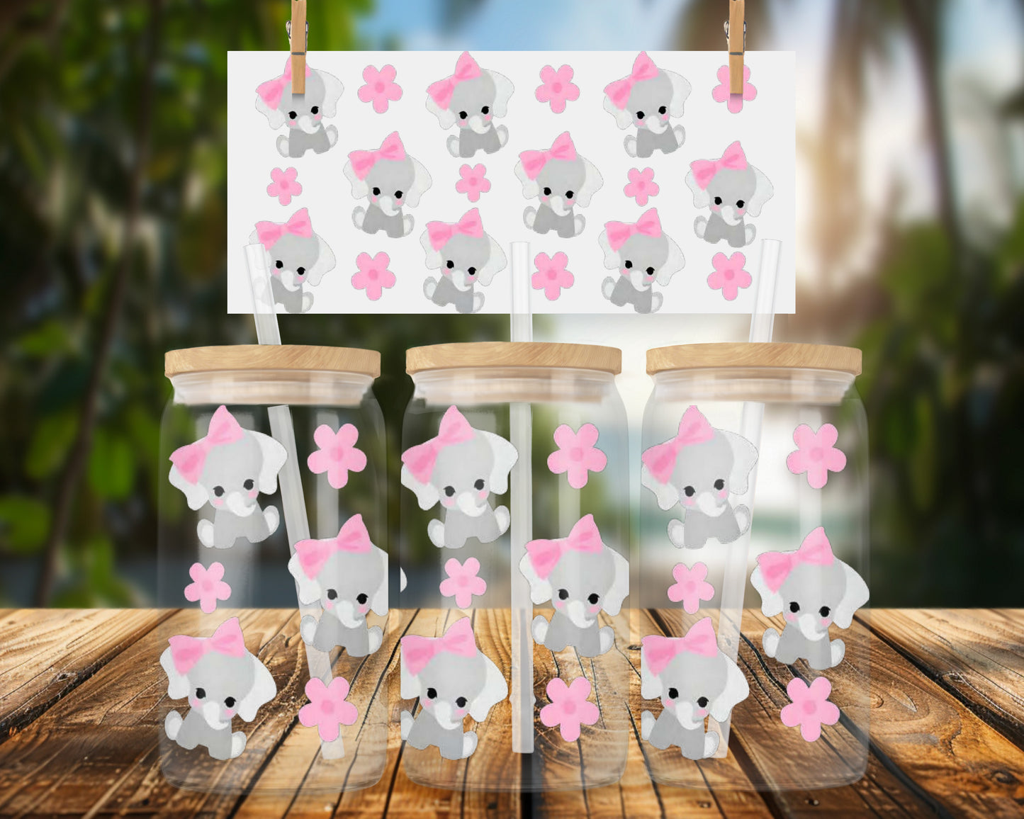 Cute Elephant Pink Bow Floral 16oz UVDTF Glass Can Wrap