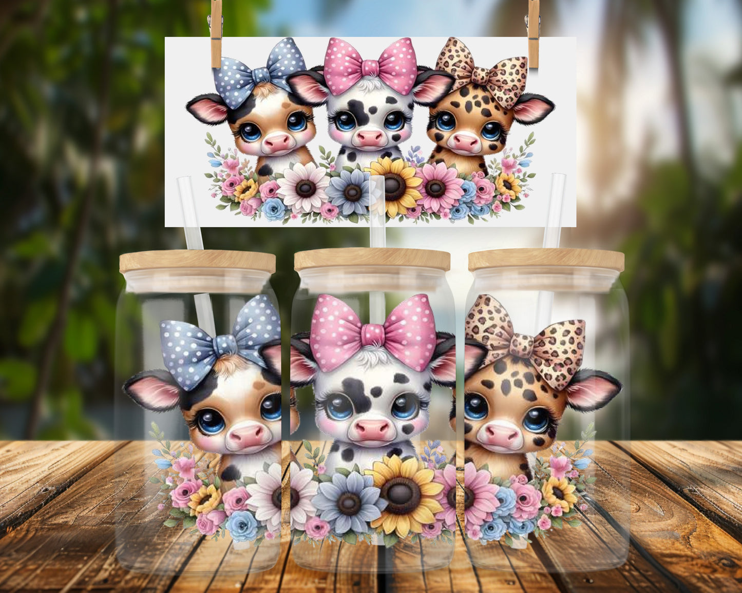 Adorable Trio of Bow Tied Cows with Floral Design 16oz UVDTF Glass Can Wrap
