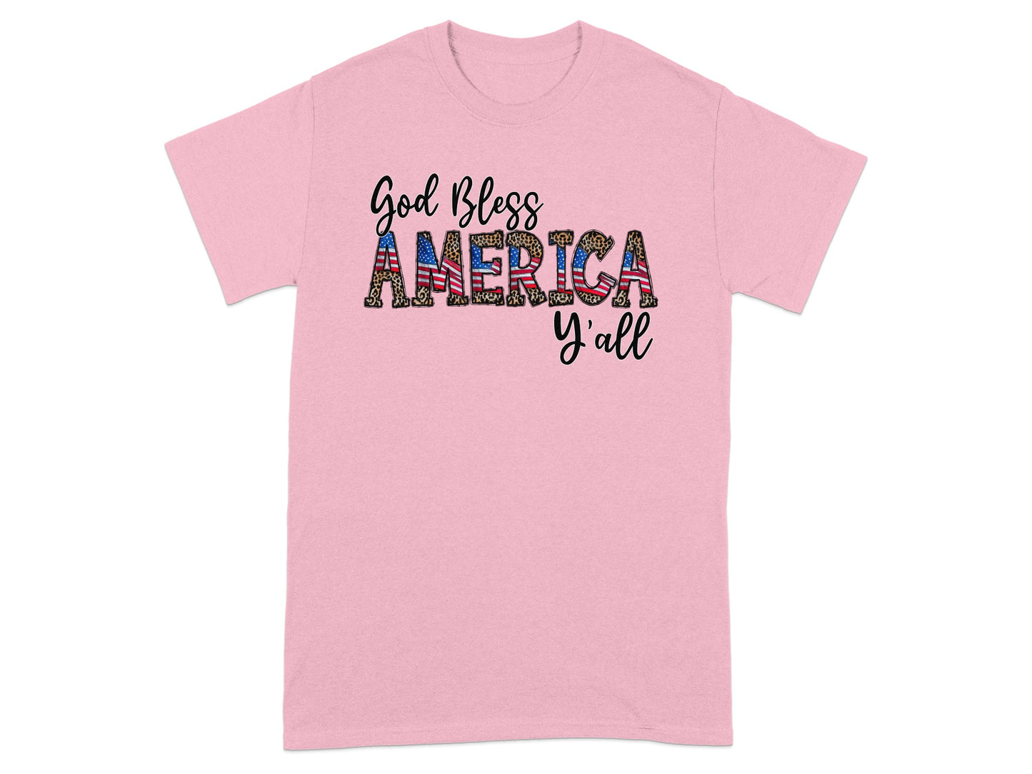 Pink t-shirt with "God Bless America y'all" text featuring American flag and leopard print.