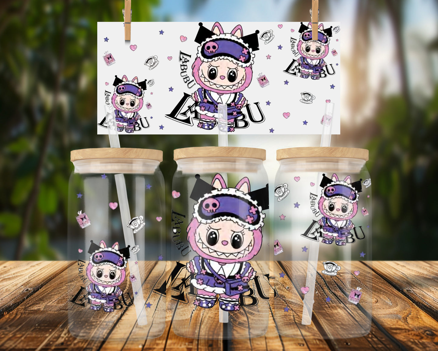 Pink Character with Skull and Bunny Ears 16oz UVDTF Glass Wrap