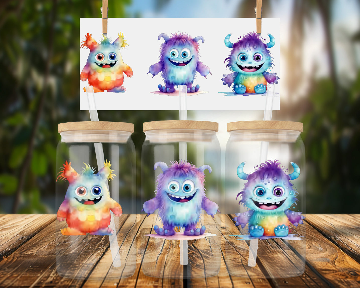 Cute Colorful Monster Trio 16oz UVDTF Glass Wrap