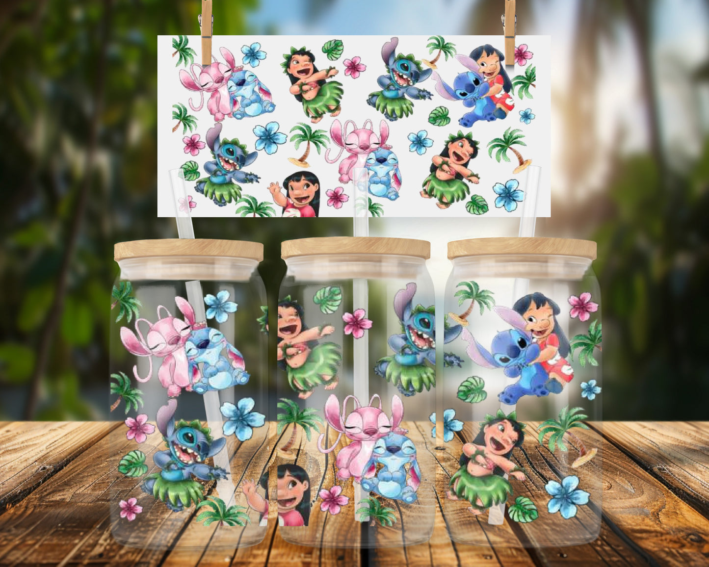 Cute Hawaiian Dance Blue Aliened Characters 16oz UVDTF Glass Wrap