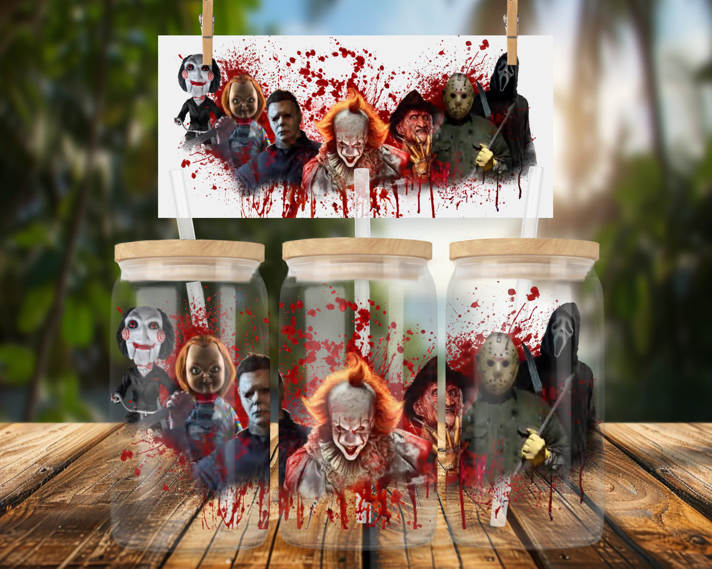 Horror Movie Characters Blood Splatter Design 16oz UVDTF Glass Wrap