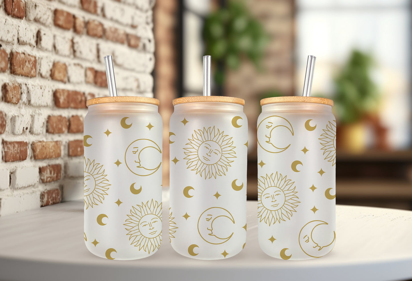 16oz Libbey Glass Can with Cosmic Print of Sun and Moon