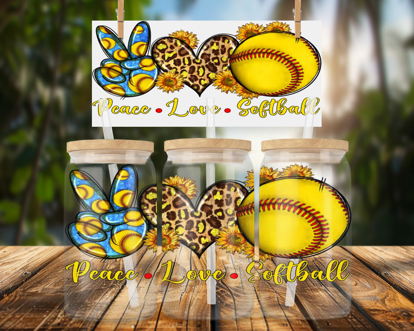 Vibrant Design Peace Love Softball 16oz Glass Can Wrap