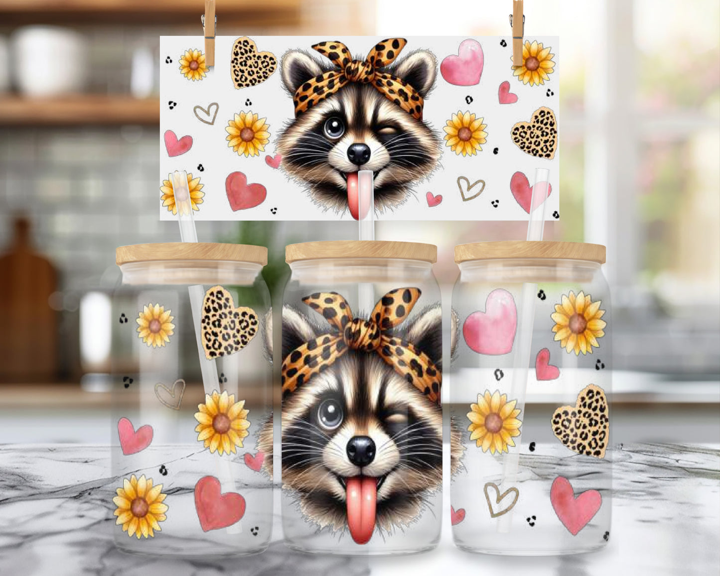 16oz Cute Winking Raccoon Glass Can