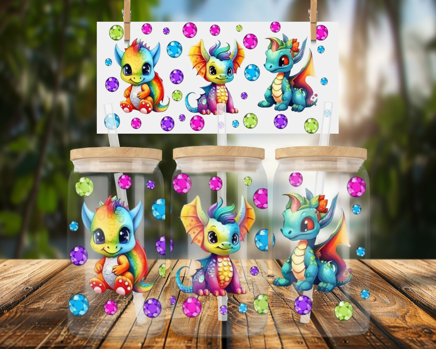 Cute Colorful Dragon Gemstones Art on 16oz Glass Can Wrap