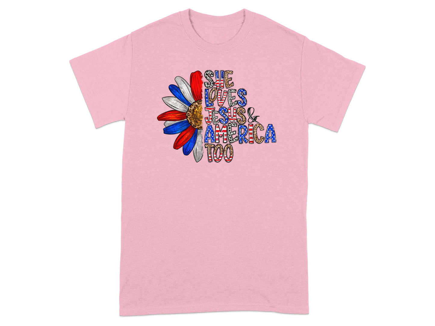 Pink t-shirt with graphic: She loves Jesus & America too.