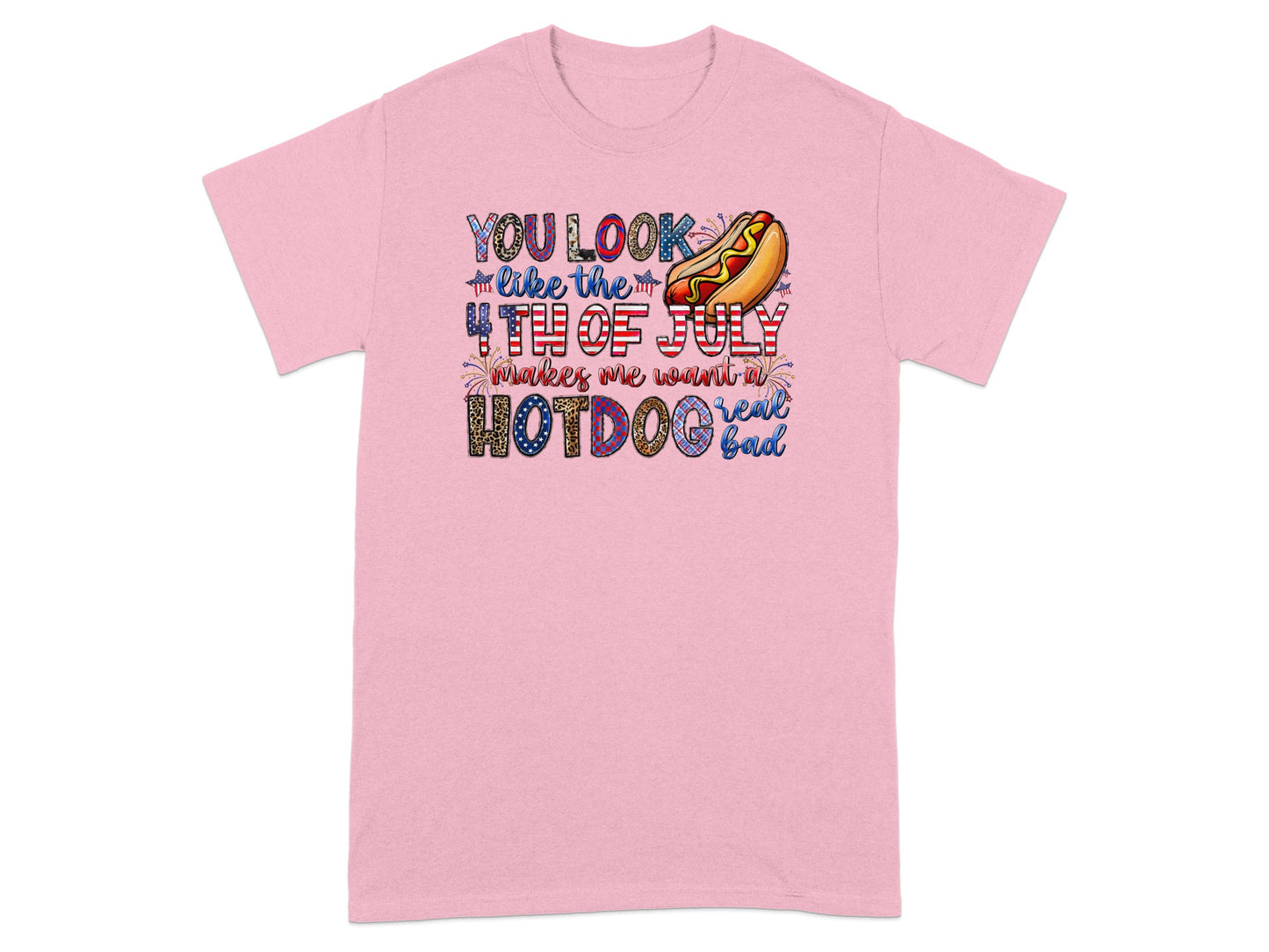 Pink t-shirt with 4th of July hotdog graphic and text.