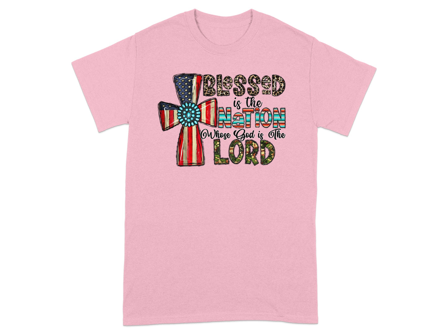 Pink t-shirt with distressed American flag cross and text "Blessed is the Nation Whose God is the Lord".