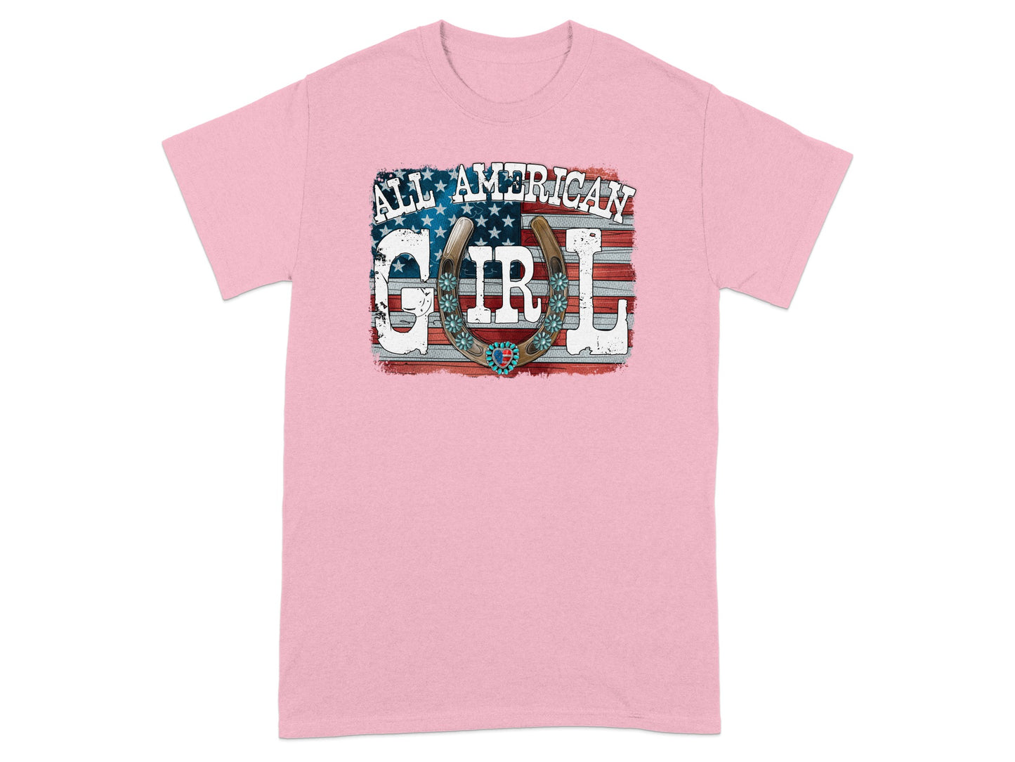 Pink t-shirt with distressed American flag graphic and "All American Girl" text.