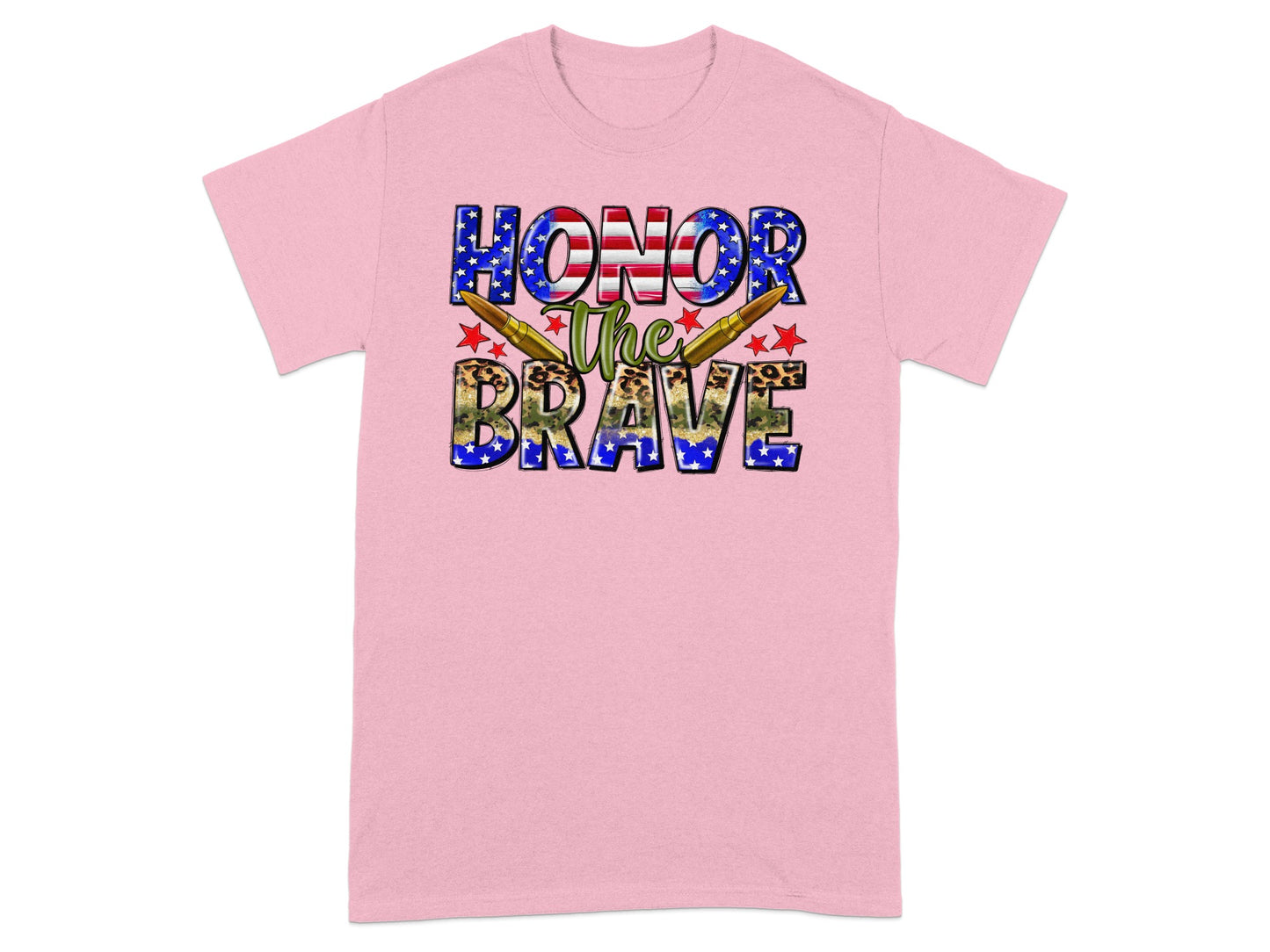 Pink t-shirt with "HONOR the BRAVE" text featuring American flag and camouflage patterns.
