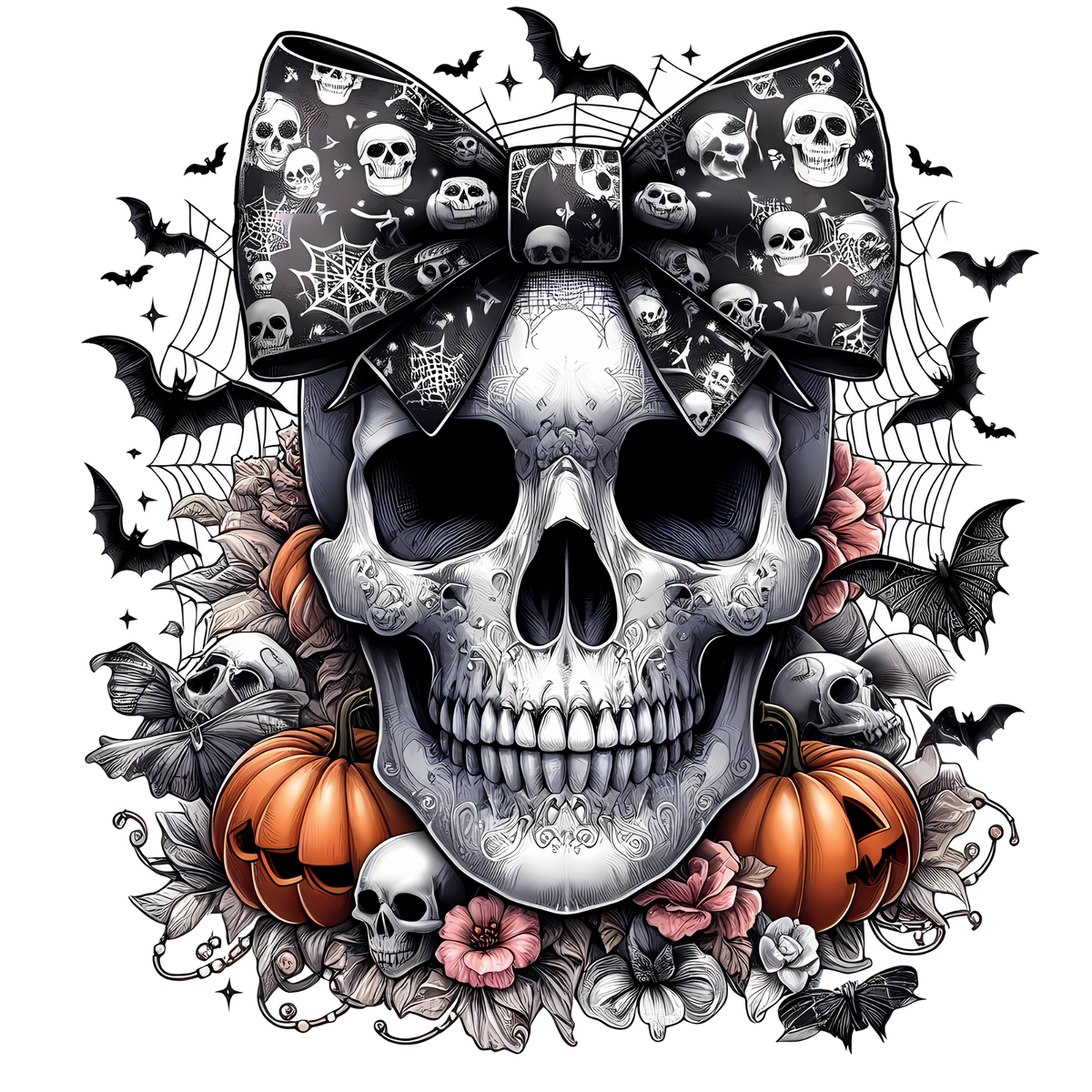 Black and white skull with skull patterned bow pumpkins bats and flowers Halloween shirt design