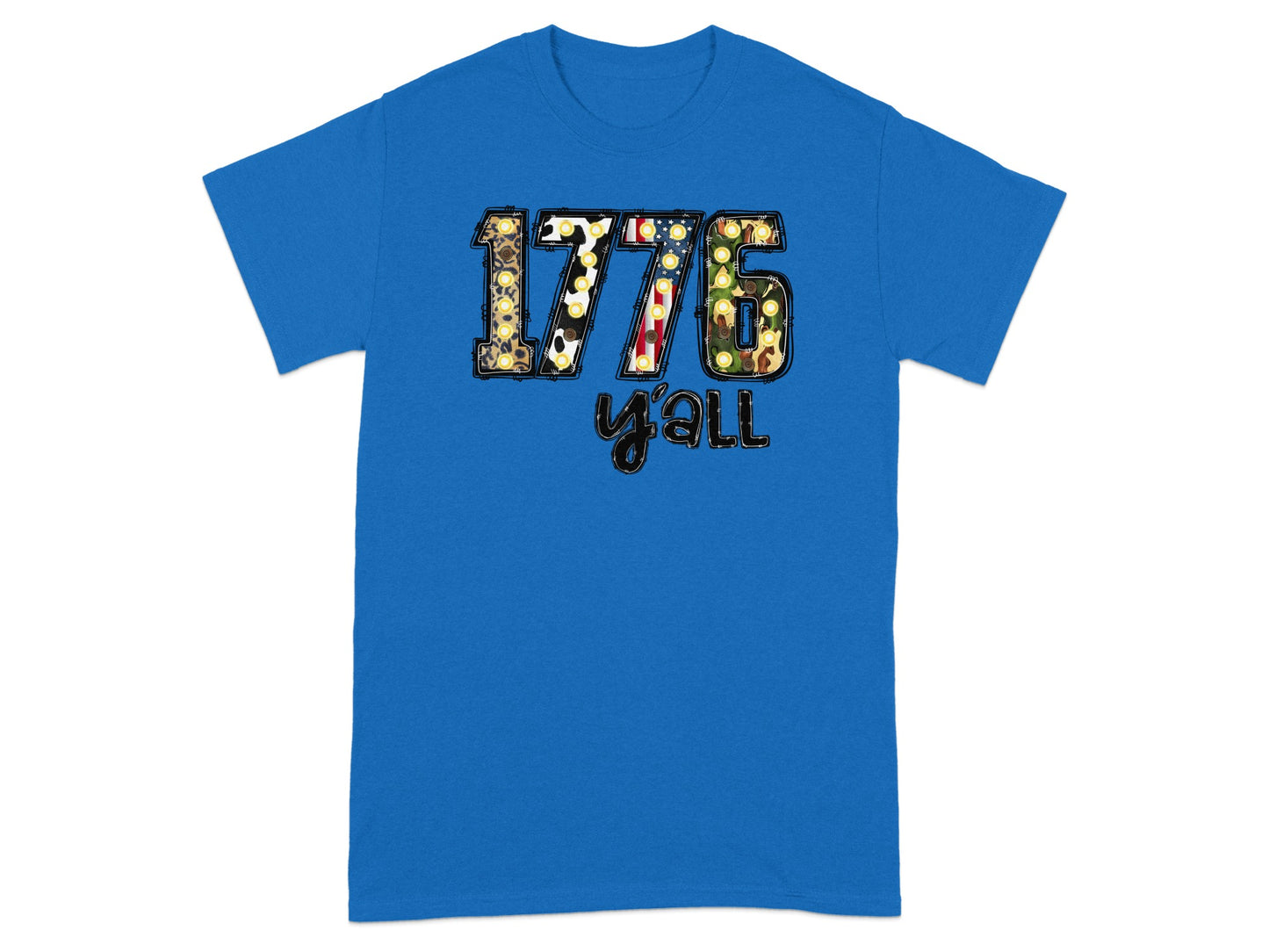 Blue t-shirt with "1776 y'all" graphic featuring patterned numbers.