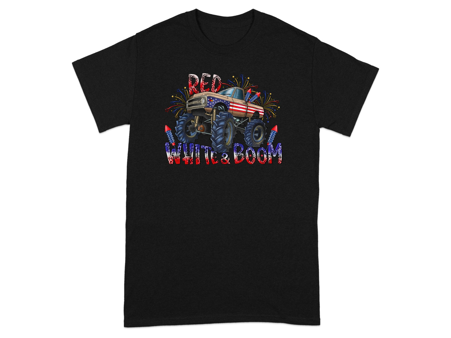 Monster truck with American flag design and "RED WHITE & BOOM" text.