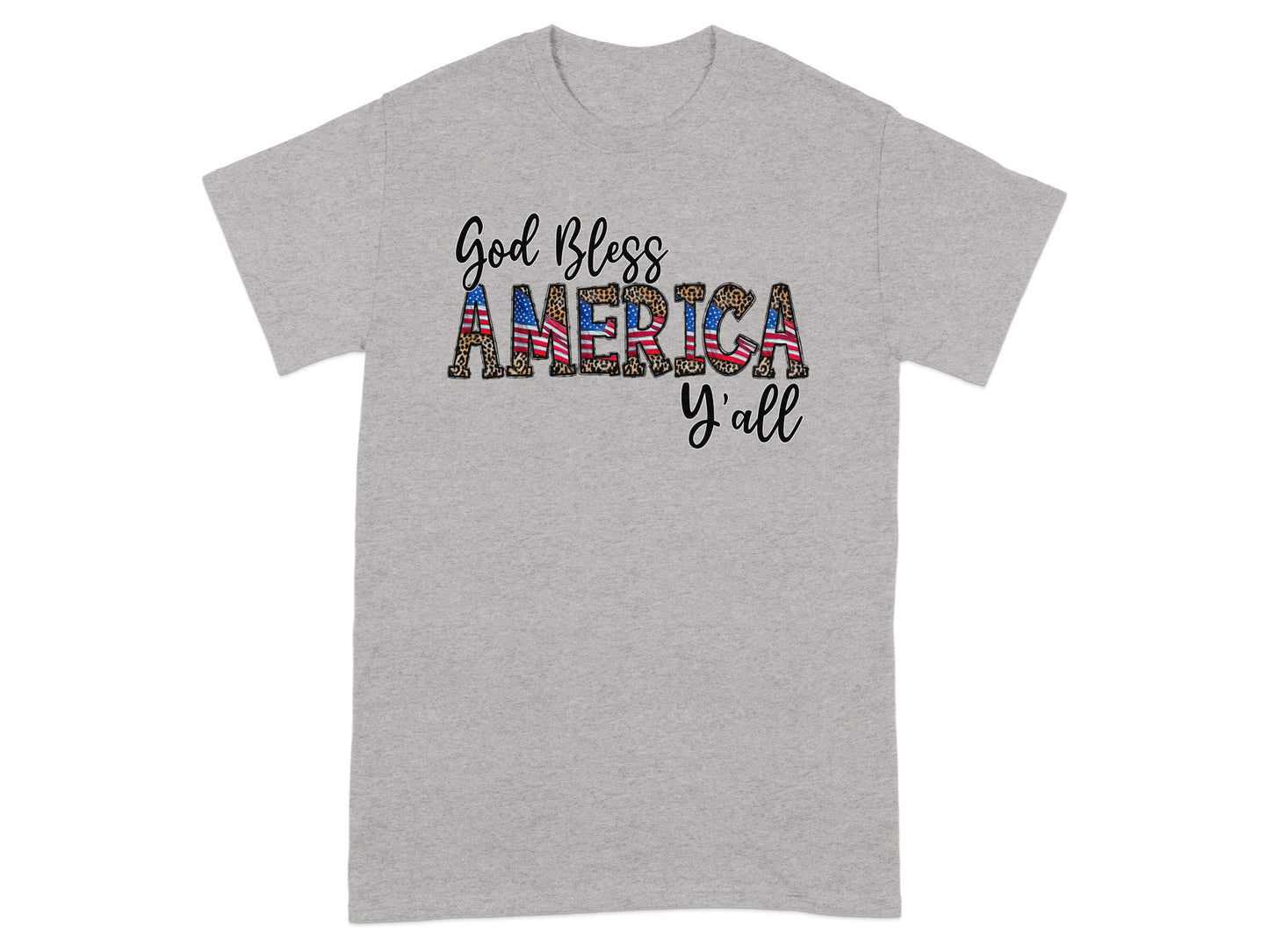 Grey t-shirt with "God Bless AMERICA y'all" text in patriotic and leopard print.