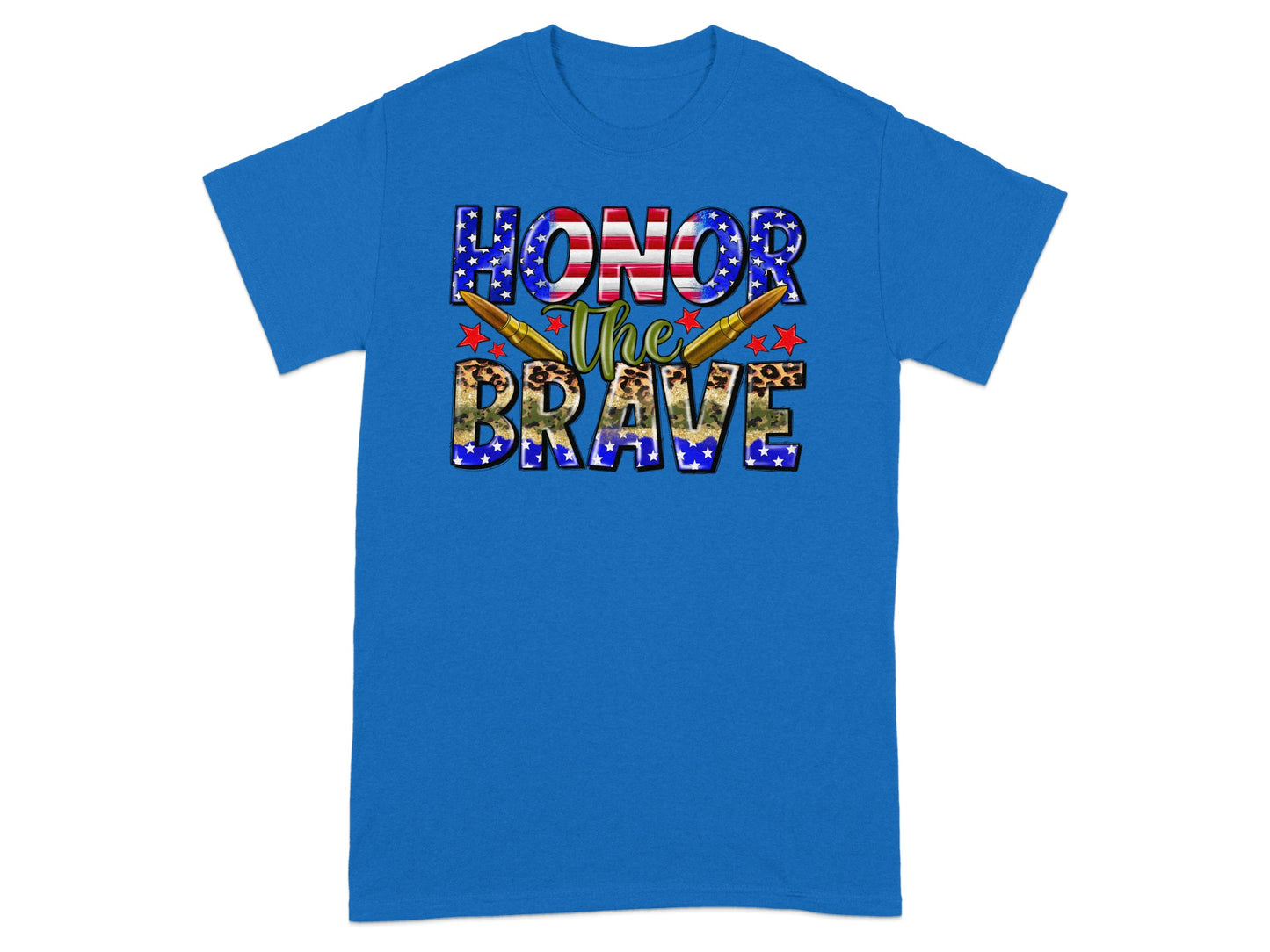 Blue t-shirt with "HONOR the BRAVE" text, bullets, and patriotic stars.