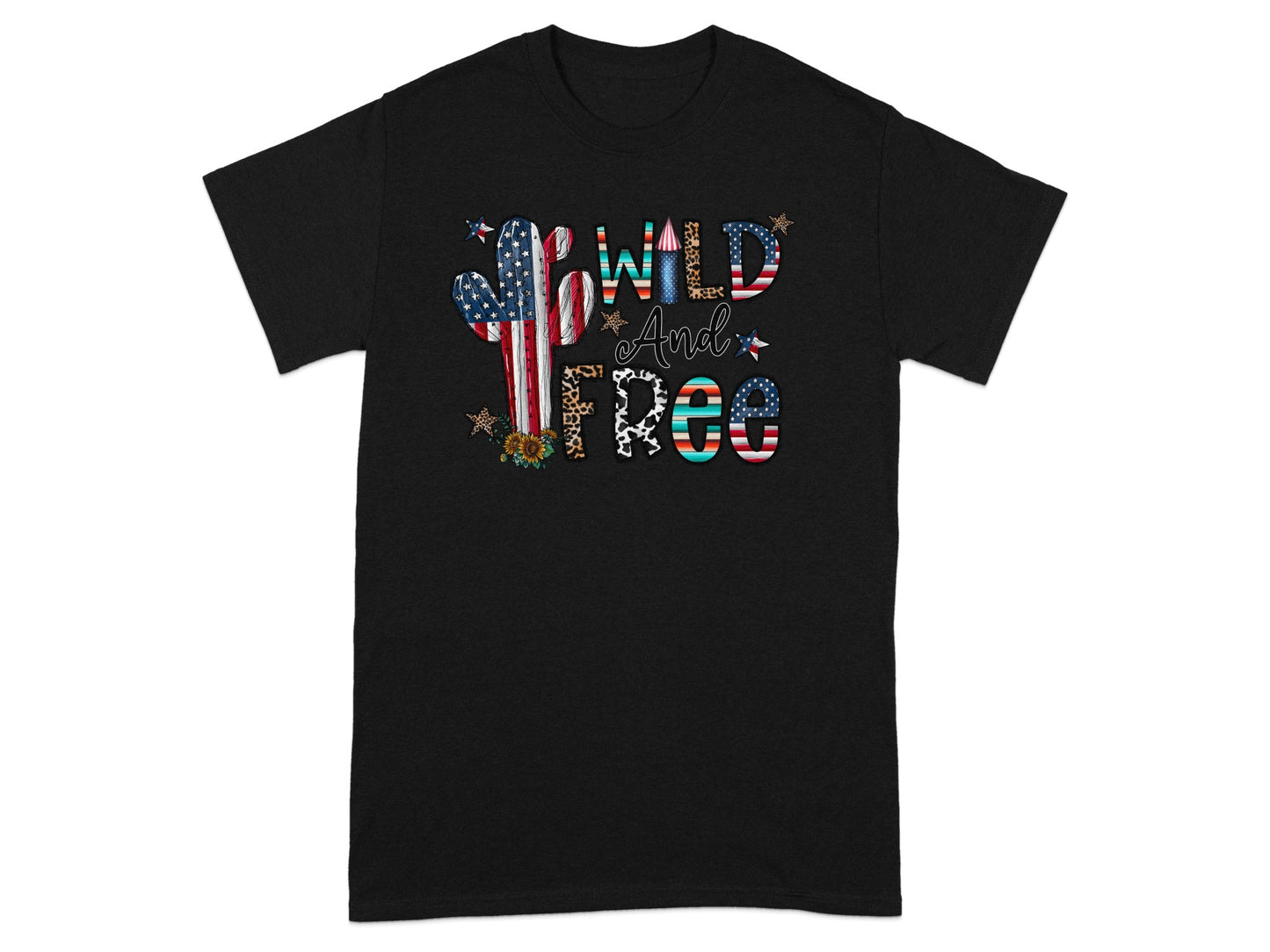 Black t-shirt with cactus, stars, and "WILD And FREE" text.
