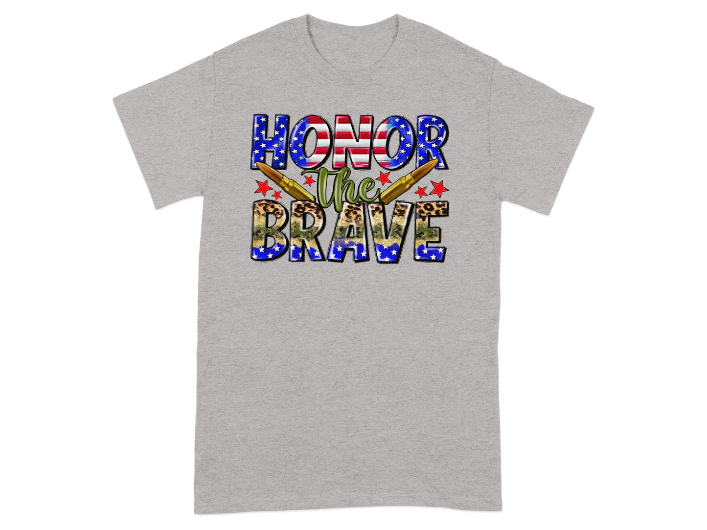 Grey t-shirt with "Honor The Brave" text in patriotic and camouflage patterns.