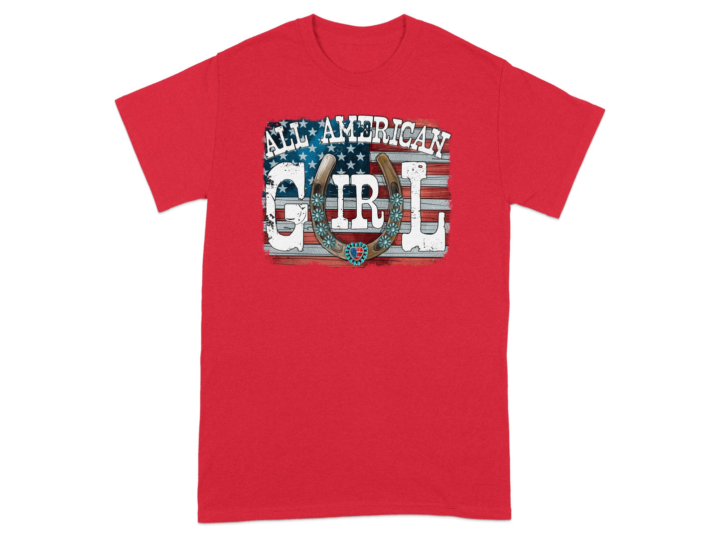Red t-shirt with "All American Girl" text, horseshoe, and American flag design.