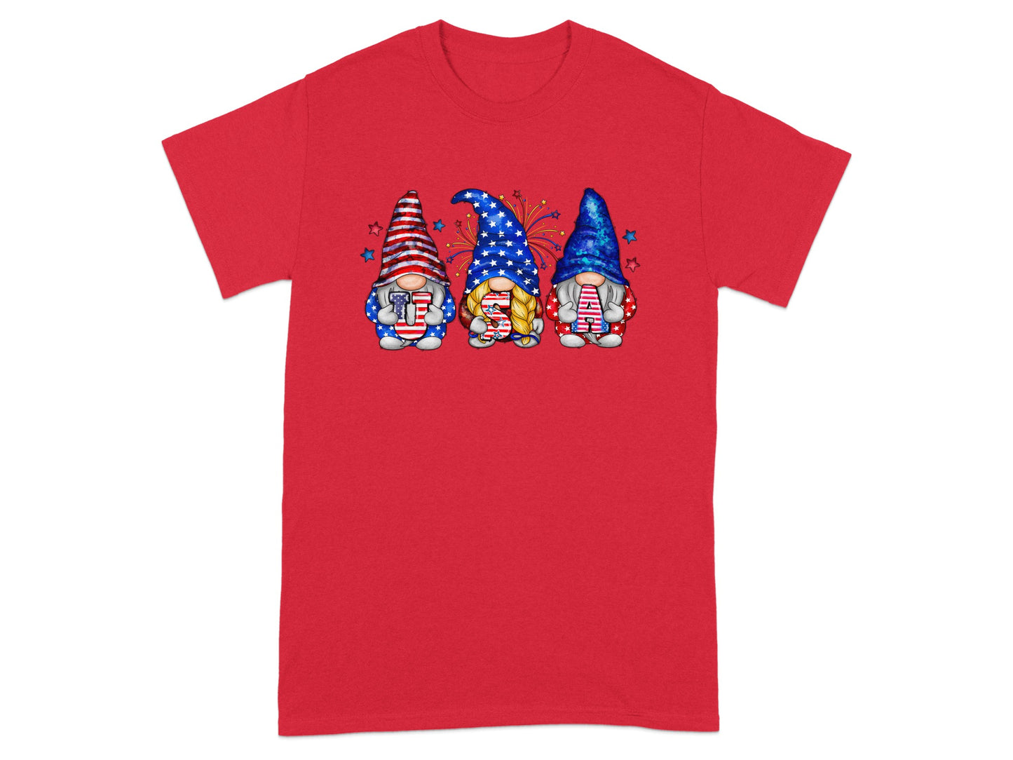 Three gnomes in patriotic attire with "USA" text and fireworks on a red shirt.