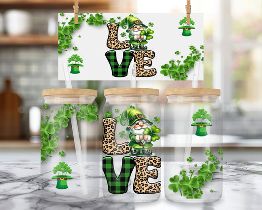 16oz St Patrick's Day Gnome Glass Can Tumbler