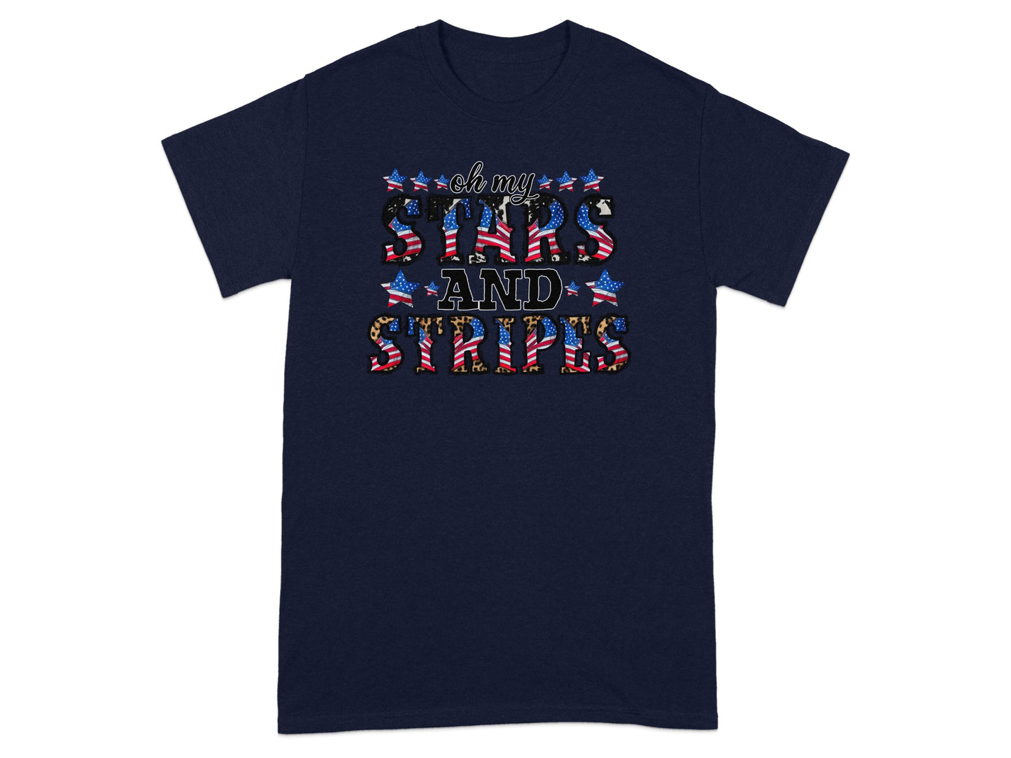 Navy t-shirt with "oh my STARS AND STRIPES" text in patriotic and leopard prints.