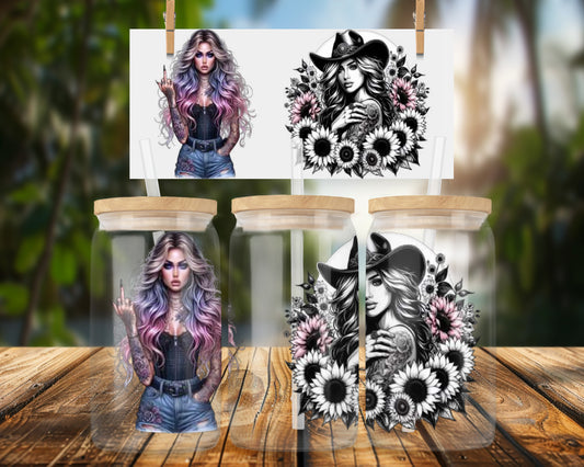 Colorful Tattooed Woman with Flowers Black and White 16oz UVDTF Glass Can Wrap