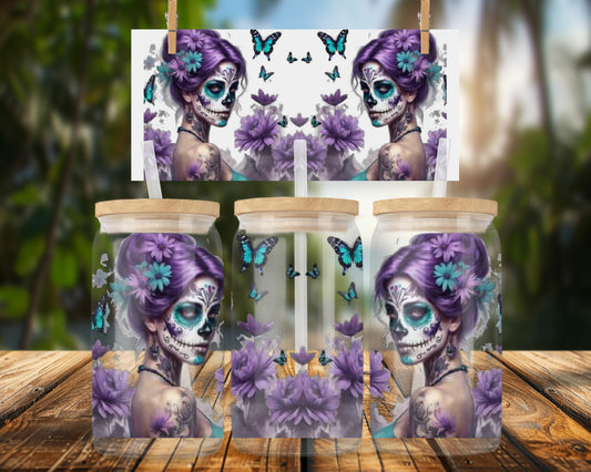 Vibrant Day of the Dead Design 16oz UVDTF Glass Can Wrap