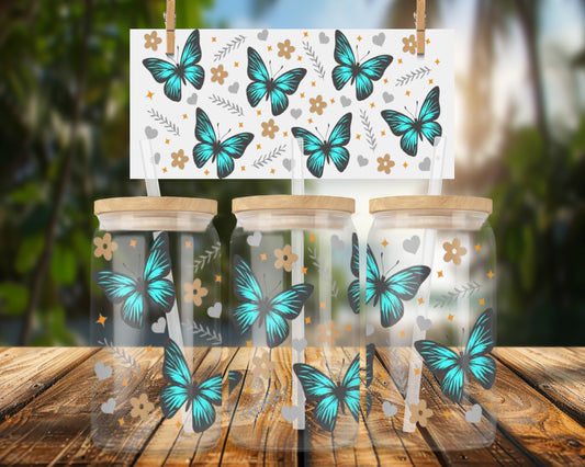 Butterfly Floral Heart Gray and Gold Pattern 16oz UVDTF Glass Can Wrap