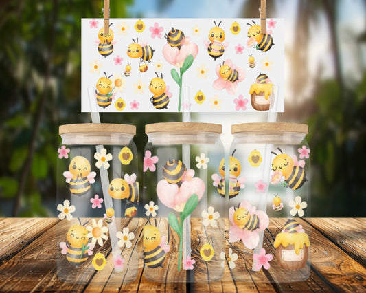 Cute Bumblebees and Blossoms 16oz UVDTF Glass Can Wrap