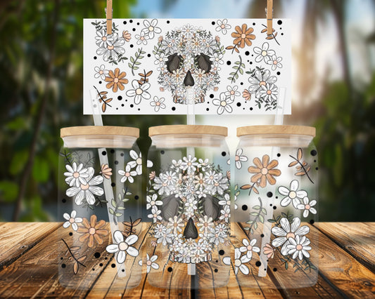 Floral Skull Design Decorative 16oz UVDTF Glass Can Wrap