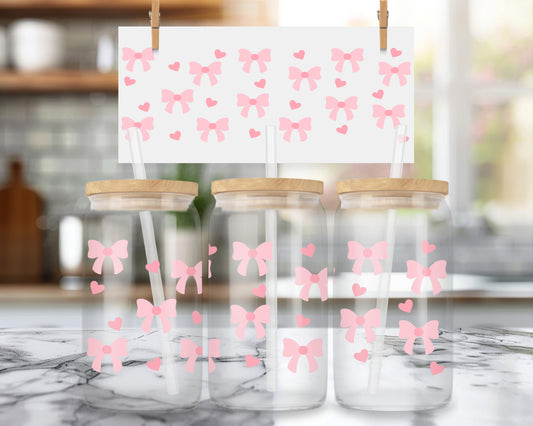 Cute Pink Bow and Heart Pattern, Trendy 16oz Glass Can